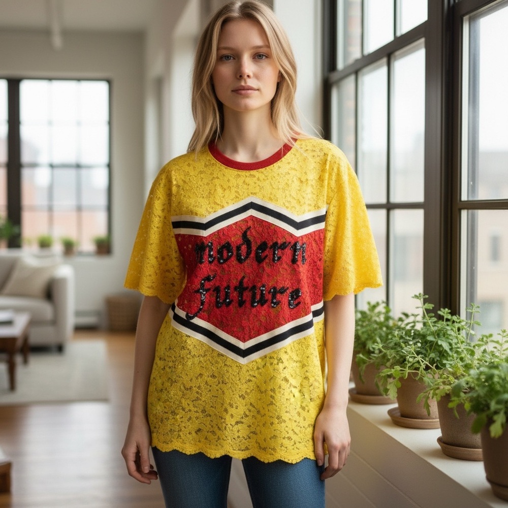 GUCCI Modern Future Lace Tee, NWT, Yellow/Red, Original Tags $1227MSRP